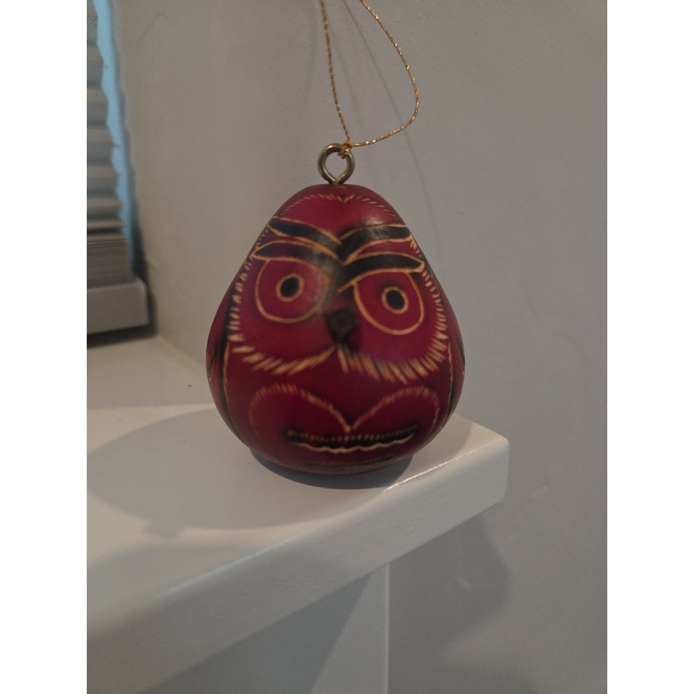 Lucuma Gourd Folk Art Carved Fruit Owl Tree Ornament Décor Collectible ~ Peru